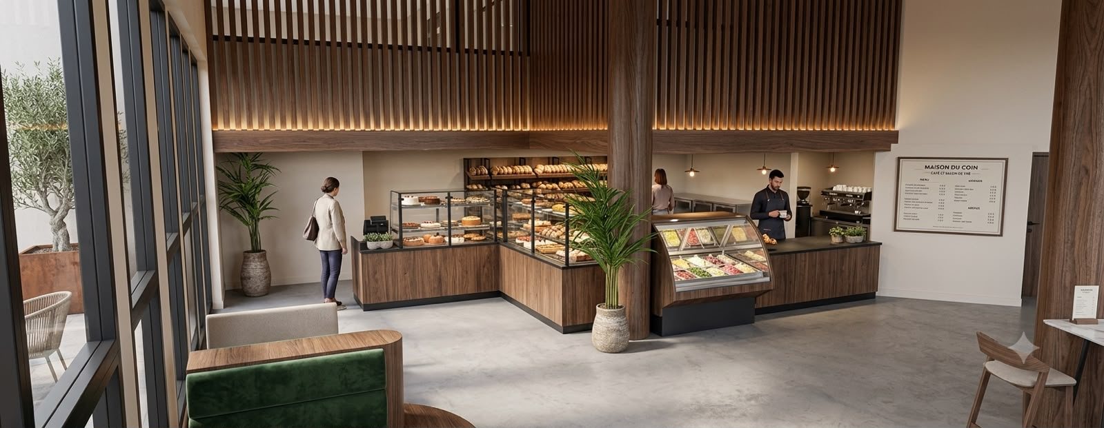 Intérieur de la boutique : comptoirs en bois, vitrines de pâtisseries et plafond en lattes de bois — vue d'architecte