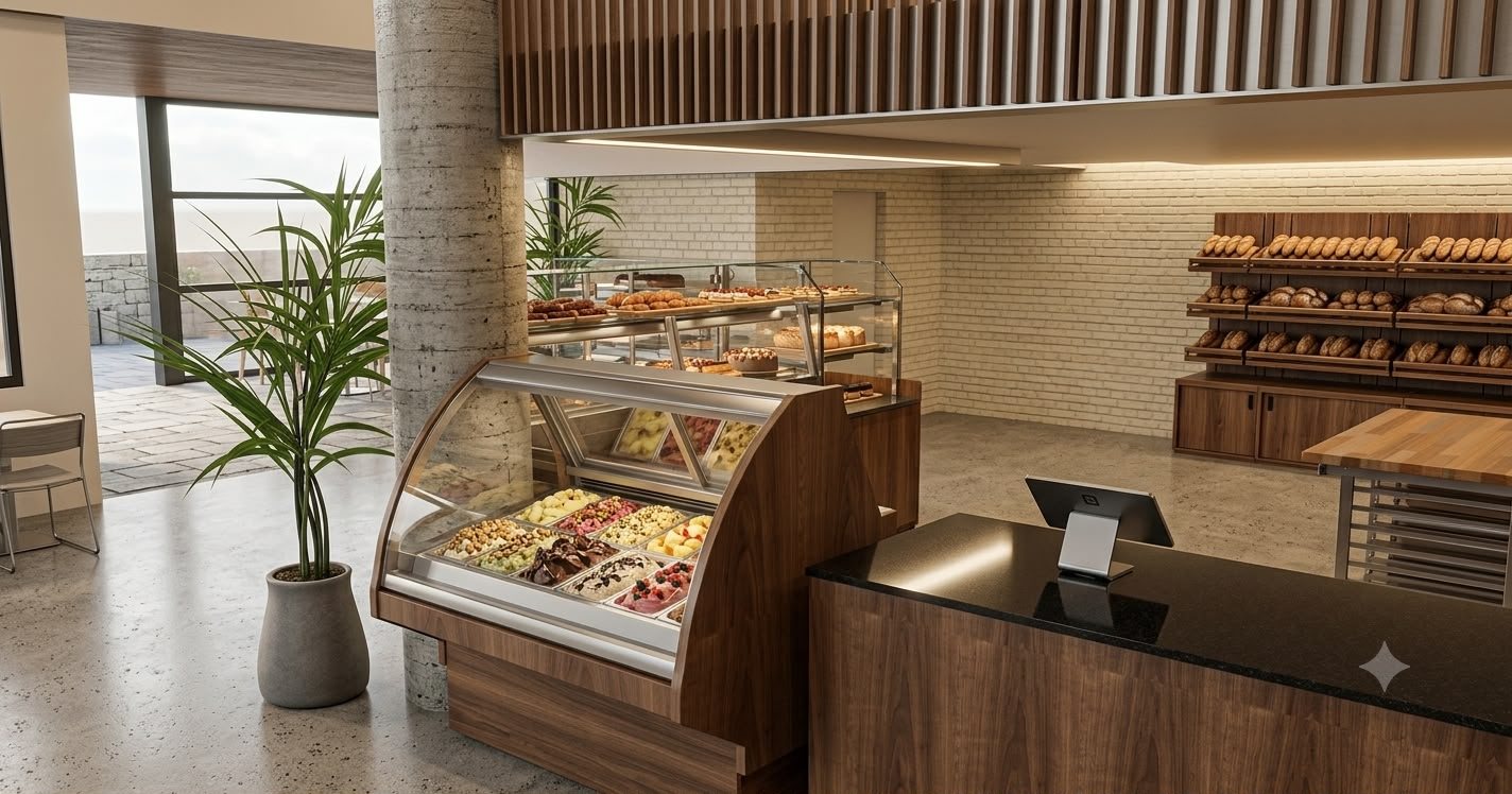 Vitrine réfrigérée de pâtisseries au premier plan, mur de pains sur étagères en bois derrière — vue d'architecte