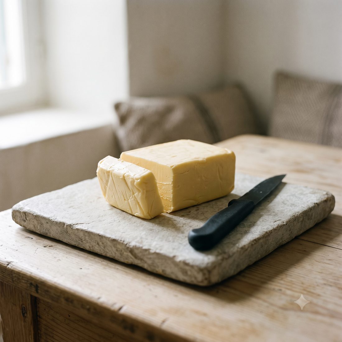 Motte de beurre entamée sur une planche en pierre claire, couteau de cuisine posé à côté